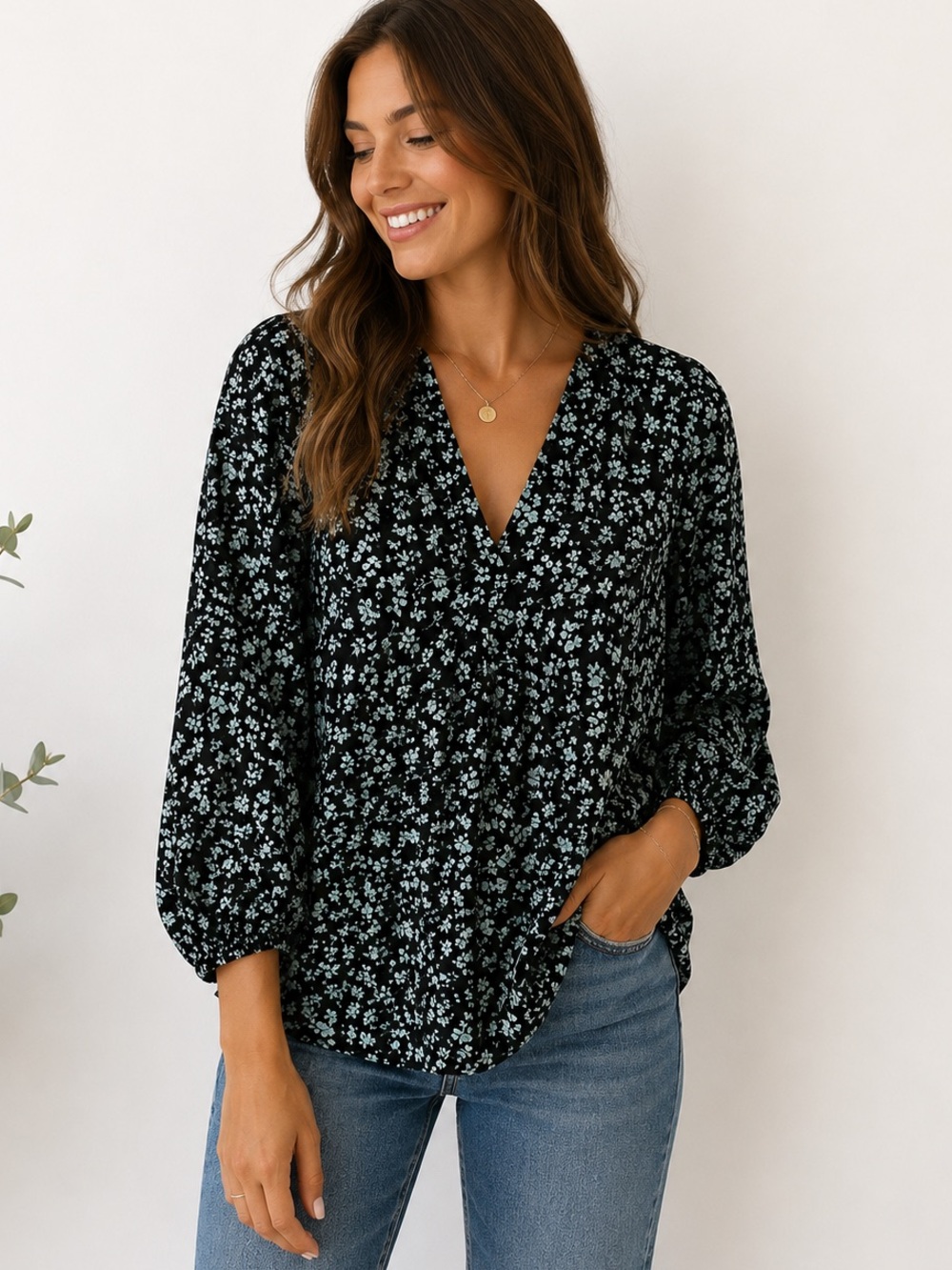 Melrose and Market Black Floral Blouse NWT Sz Lg  Mint Green Top oversized boho